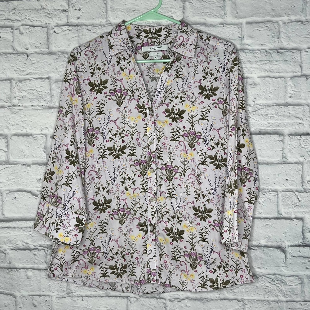 Foxcroft Light Purple Floral 3/4 Sleeve Shaped Button Down Shirt Sz 10